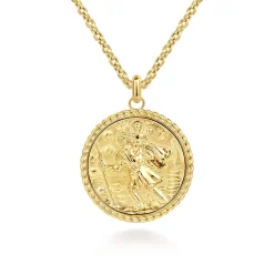 New Gabriel & Co. Round 14K Yellow Gold St. Christopher Protect Us Pendant with Twisted Rope Frame