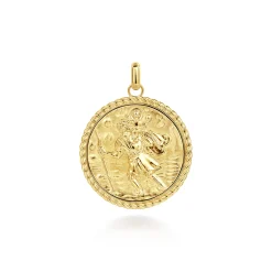 New Gabriel & Co. Round 14K Yellow Gold St. Christopher Protect Us Pendant with Twisted Rope Frame