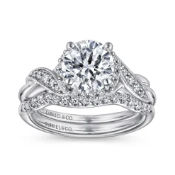 New Gabriel & Co. Shae - Vintage Inspired 14K White Gold Round Halo Diamond Engagement Ring