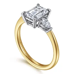 New Gabriel & Co. Sima - 14K White-Yellow Gold Emerald Cut Three Stone Diamond Engagement Ring