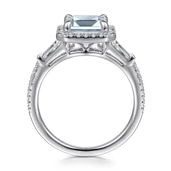 Sale Gabriel & Co. Skylah - 14K White Gold Emerald Cut Three Stone Halo Aquamarine and Diamond Engagement Ring