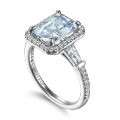Sale Gabriel & Co. Skylah - 14K White Gold Emerald Cut Three Stone Halo Aquamarine and Diamond Engagement Ring