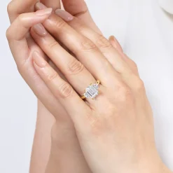 Best Gabriel & Co. Stephi - 14K Yellow Gold Emerald Cut Three Stone Diamond Engagement Ring