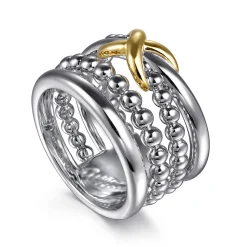 New Gabriel & Co. 925 Sterling Silver and 14K Yellow Gold Bujukan Criss Cross Easy Stackable Ring