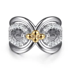 New Gabriel & Co. 925 Sterling Silver and 14K Yellow Gold Bujukan White Sapphire Link Ring