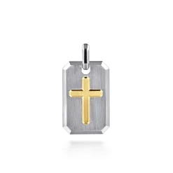 Gabriel & Co. 925 Sterling Silver and 14K Yellow Gold Dog Tag With Cross Pendant