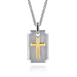 Gabriel & Co. 925 Sterling Silver and 14K Yellow Gold Dog Tag With Cross Pendant