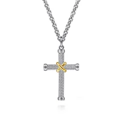 Gabriel & Co. 925 Sterling Silver and 14K Yellow Gold Twisted Rope Cross Pendant with X Center