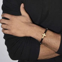Sale Gabriel & Co. 925 Sterling Silver and 14K Yellow Gold 6mm Titanium Beaded Bracelet with Cross