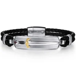 Best Gabriel & Co. 925 Sterling Silver and 14K Yellow Gold Garnet Leather with Dagger ID Bracelet