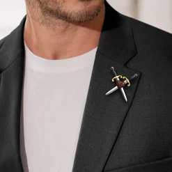 Sale Gabriel & Co. 925 Sterling Silver and 14K Yellow Gold Garnet Dagger Mens Pin With Black Enamel