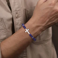Outlet Gabriel & Co. Sterling Silver and 8mm Lapis Beaded Bracelet with Cross