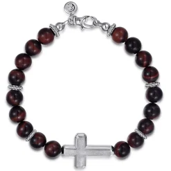 Clearance Gabriel & Co. Sterling Silver and 8mm Tiger Eye Beaded Bracelet with Cross