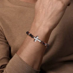 Clearance Gabriel & Co. Sterling Silver and 8mm Tiger Eye Beaded Bracelet with Cross