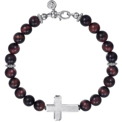 Best Gabriel & Co. Sterling Silver and 8mm Tiger Eye Beaded Bracelet with Cross