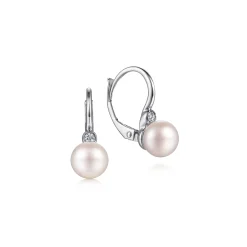 Clearance Gabriel & Co. 925 Sterling Silver Bezel Set Diamond and Pearl Leverback Earrings