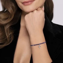 Hot Gabriel & Co. 925 Sterling Silver Bujukan Lapis Bead and White Sapphire Cross Charm Bracelet