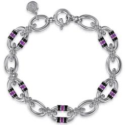 Sale Gabriel & Co. 925 Sterling Silver Bujukan Link Chain Bracelet with Black and Purple Enamel
