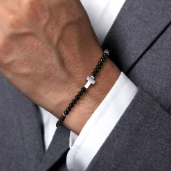 Hot Gabriel & Co. 925 Sterling Silver Cross Bracelet with 4mm Onyx Beads