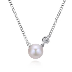 Clearance Gabriel & Co. 925 Sterling Silver Cultured Pearl and Diamond Pendant Necklace
