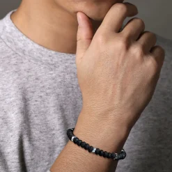 Outlet Gabriel & Co. 925 Sterling Silver 8mm Matte Faceted Flat Round Onyx Beaded Bracelet