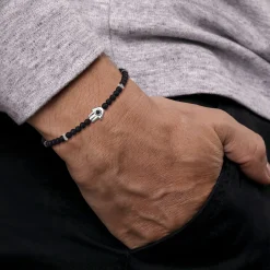 Gabriel & Co. 925 Sterling Silver 4mm Matte Onyx and Black Spinel Beaded Bracelet with Hamsa