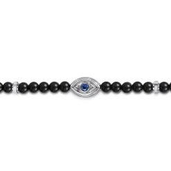 Gabriel & Co. 925 Sterling Silver 4mm Onyx and Sapphire Beaded Bracelet with Evil eye