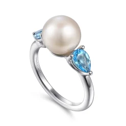 New Gabriel & Co. 925 Sterling Silver Pearl and Blue Topaz Ring
