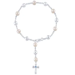 Best Gabriel & Co. Sterling Silver Pearl Rosary Bracelet with Blue Topaz Stone Cross