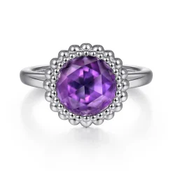 New Gabriel & Co. 925 Sterling Silver Round Amethyst Bezel Set Ring with Bujukan Bead Halo
