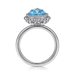 Gabriel & Co. 925 Sterling Silver Round Blue Topaz Bezel Set Ring with Bujukan Bead Halo