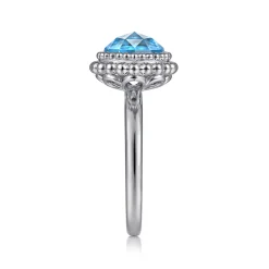 Gabriel & Co. 925 Sterling Silver Round Blue Topaz Bezel Set Ring with Bujukan Bead Halo