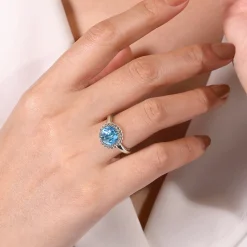 Gabriel & Co. 925 Sterling Silver Round Blue Topaz Bezel Set Ring with Bujukan Bead Halo