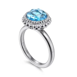 Gabriel & Co. 925 Sterling Silver Round Blue Topaz Bezel Set Ring with Bujukan Bead Halo
