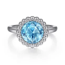 Gabriel & Co. 925 Sterling Silver Round Blue Topaz Bezel Set Ring with Bujukan Bead Halo
