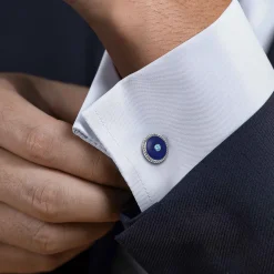 Clearance Gabriel & Co. 925 Sterling Silver Round Cufflinks with Swiss Blue Topaz and Lapis