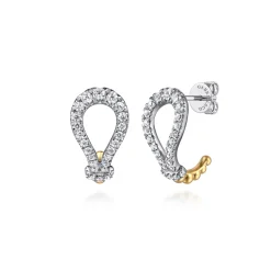Discount Gabriel & Co. Strides - 14K White Yellow Gold Bujukan and Diamond Stirrup J Hoop Earrings