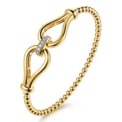 Hot Gabriel & Co. Strides - 14K Yellow Gold Bujukan Beads Diamond Stirrup Cuff Bangle Bracelet