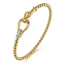 New Gabriel & Co. Strides - 14K Yellow Gold Bujukan Beads Diamond Stirrup Cuff Bangle Bracelet