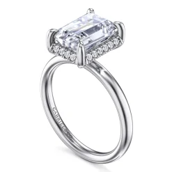 New Gabriel & Co. Symphony - 14K White Gold Emerald Cut Hidden Halo Diamond Engagement Ring