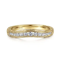 Clearance Gabriel & Co. Tienne - Vintage Inspired 14K Yellow Gold Curved Channel Set Diamond Wedding Band with Engraving - 0.25 ct