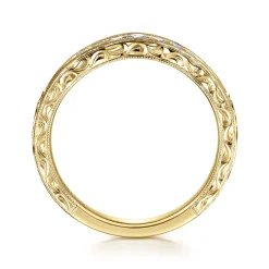 Clearance Gabriel & Co. Tienne - Vintage Inspired 14K Yellow Gold Curved Channel Set Diamond Wedding Band with Engraving - 0.25 ct