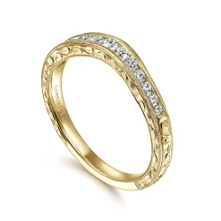 Clearance Gabriel & Co. Tienne - Vintage Inspired 14K Yellow Gold Curved Channel Set Diamond Wedding Band with Engraving - 0.25 ct