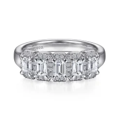 Hot Gabriel & Co. Troy - 14K White Gold Emerald Cut and Round Diamond Halo Station Anniversary Band - 2.25 ct