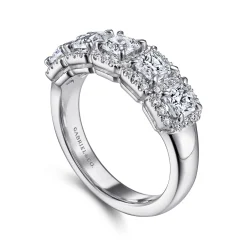 Clearance Gabriel & Co. Troy - 14K White Gold Radiant Cut and Round Diamond Halo Station Anniversary Band - 1.25 ct