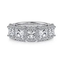 Clearance Gabriel & Co. Troy - 14K White Gold Radiant Cut and Round Diamond Halo Station Anniversary Band - 1.9 ct