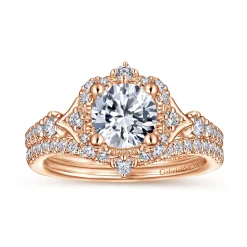 New Gabriel & Co. Veronique - Unique 14K Rose Gold Vintage Inspired Halo Diamond Engagement Ring