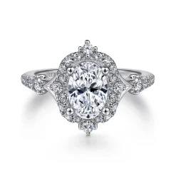 New Gabriel & Co. Veronique - Unique 14K White Gold Vintage Inspired Oval Halo Diamond Engagement Ring