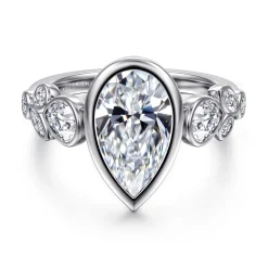 Best Gabriel & Co. Veyra - 14K White Gold Pear Shape Three Stone Bezel Diamond Engagement Ring