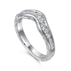 Sale Gabriel & Co. Vintage Inspired 14K White Gold Curved Channel Set Diamond Wedding Band with Engraving - 0.5 ct